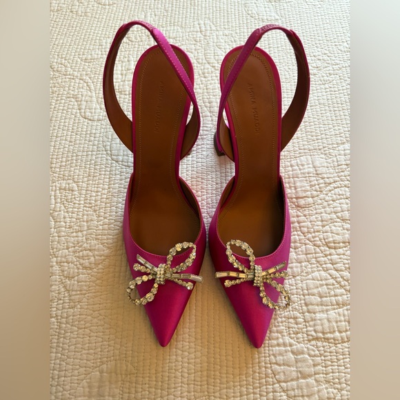 Amina Muaddi Rosie Pink Satin Sling Back Heels with Crystal Bow Size 40 - Picture 3 of 7
